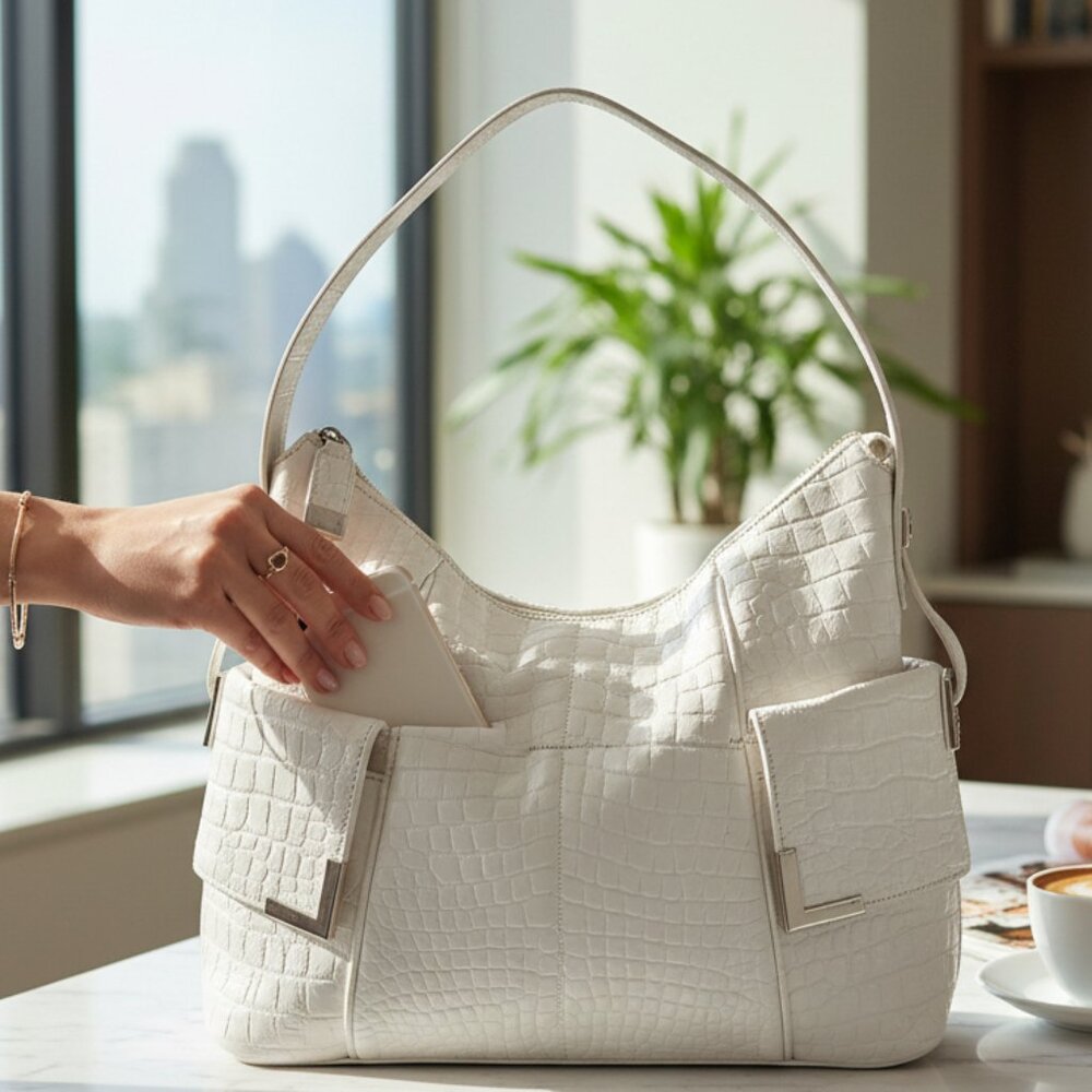 Elegant White Croc-Embossed Shoulder Bag - Designer Style